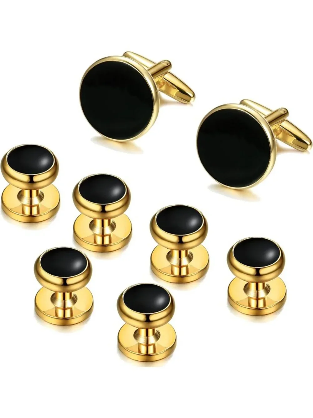 Stylish Stainless Steel Cuff Links & Studs Set - Gold & Black Tuxedo Accessories